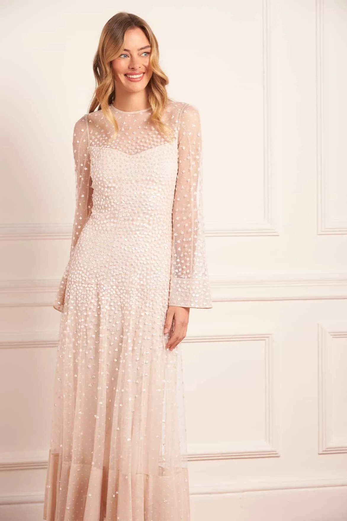 Sequin Cascade Long Sleeve Ankle Gown Youthful Style Smooth Edge