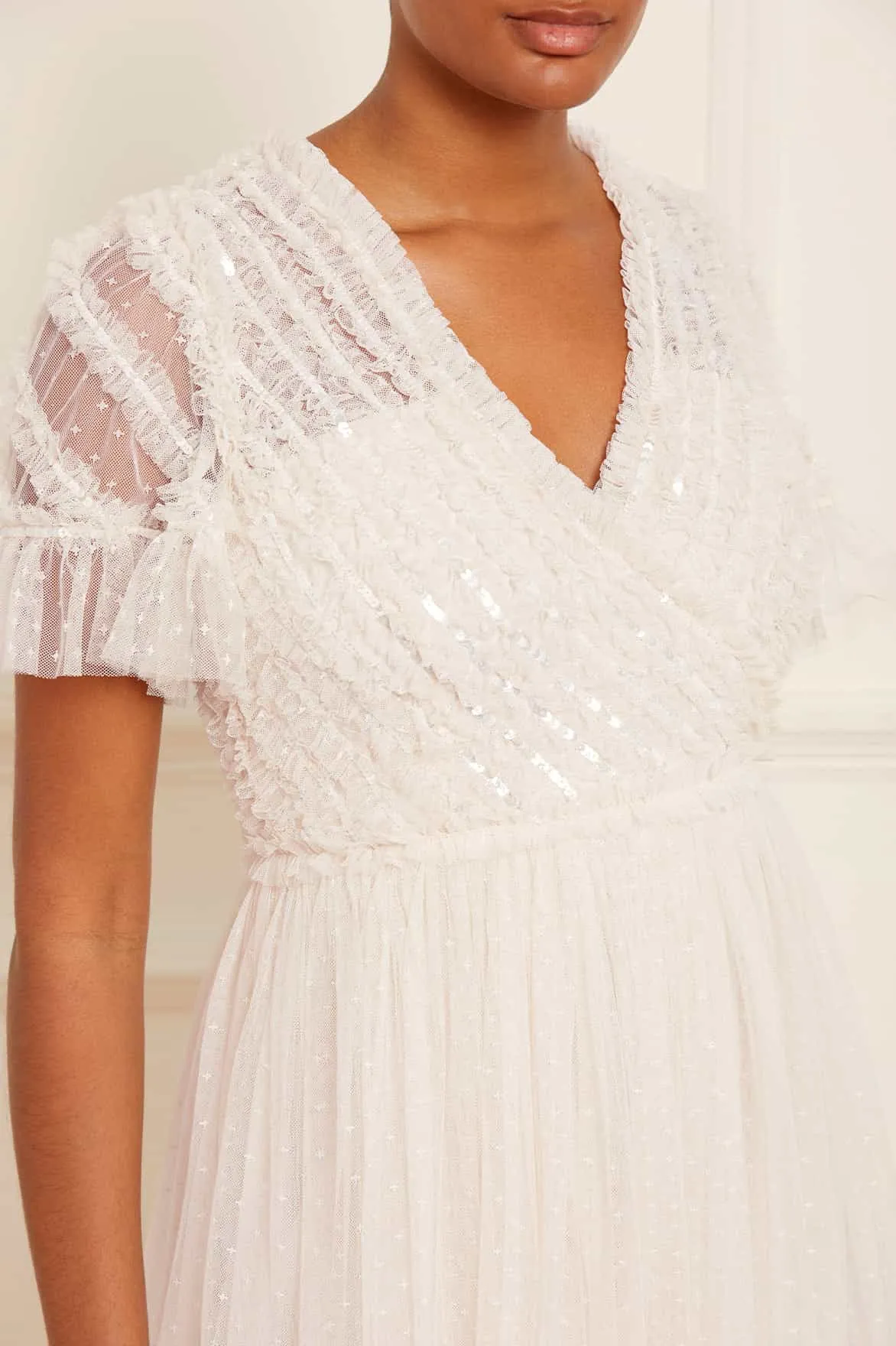 Timeless Waistband Fit Spiral Sequin Bodice V-Neck Ankle Gown