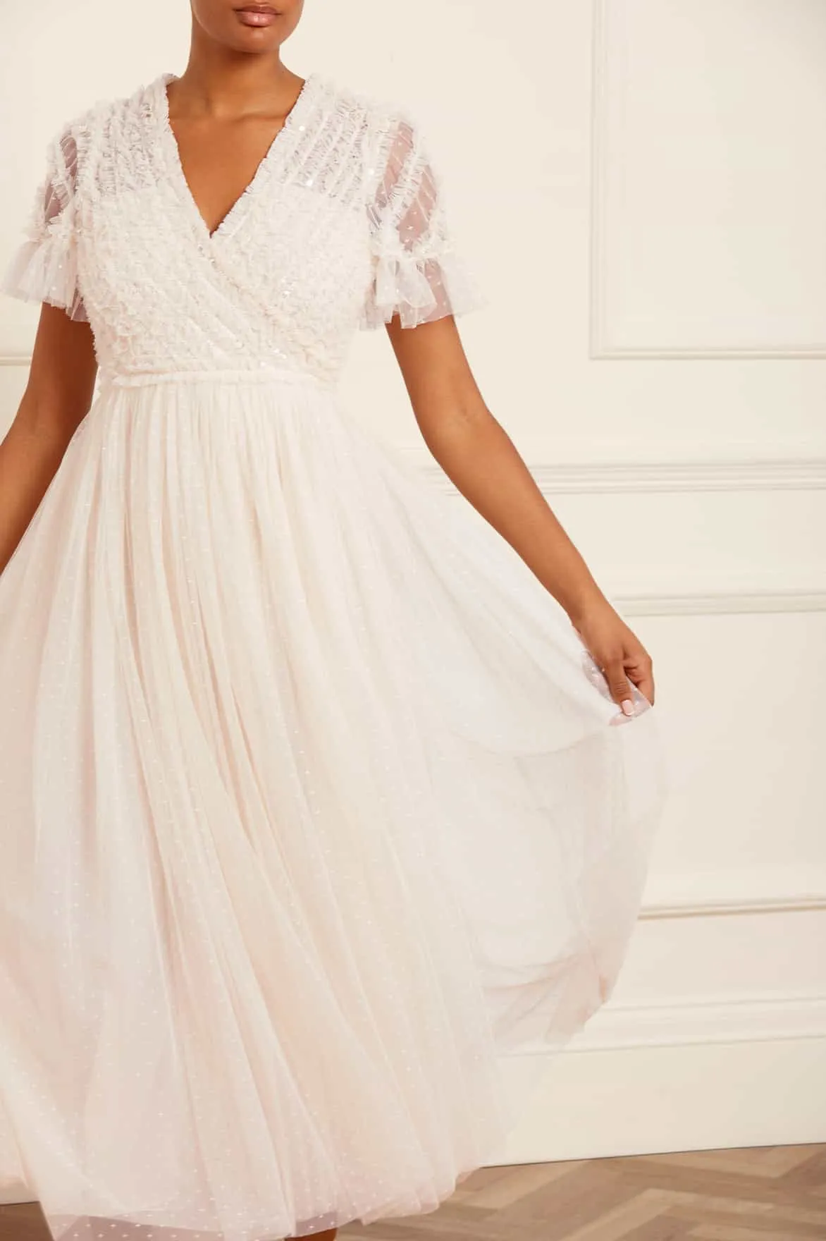 Spiral Sequin Bodice V-Neck Ankle Gown Abrasion-resistant Chic Waist Design