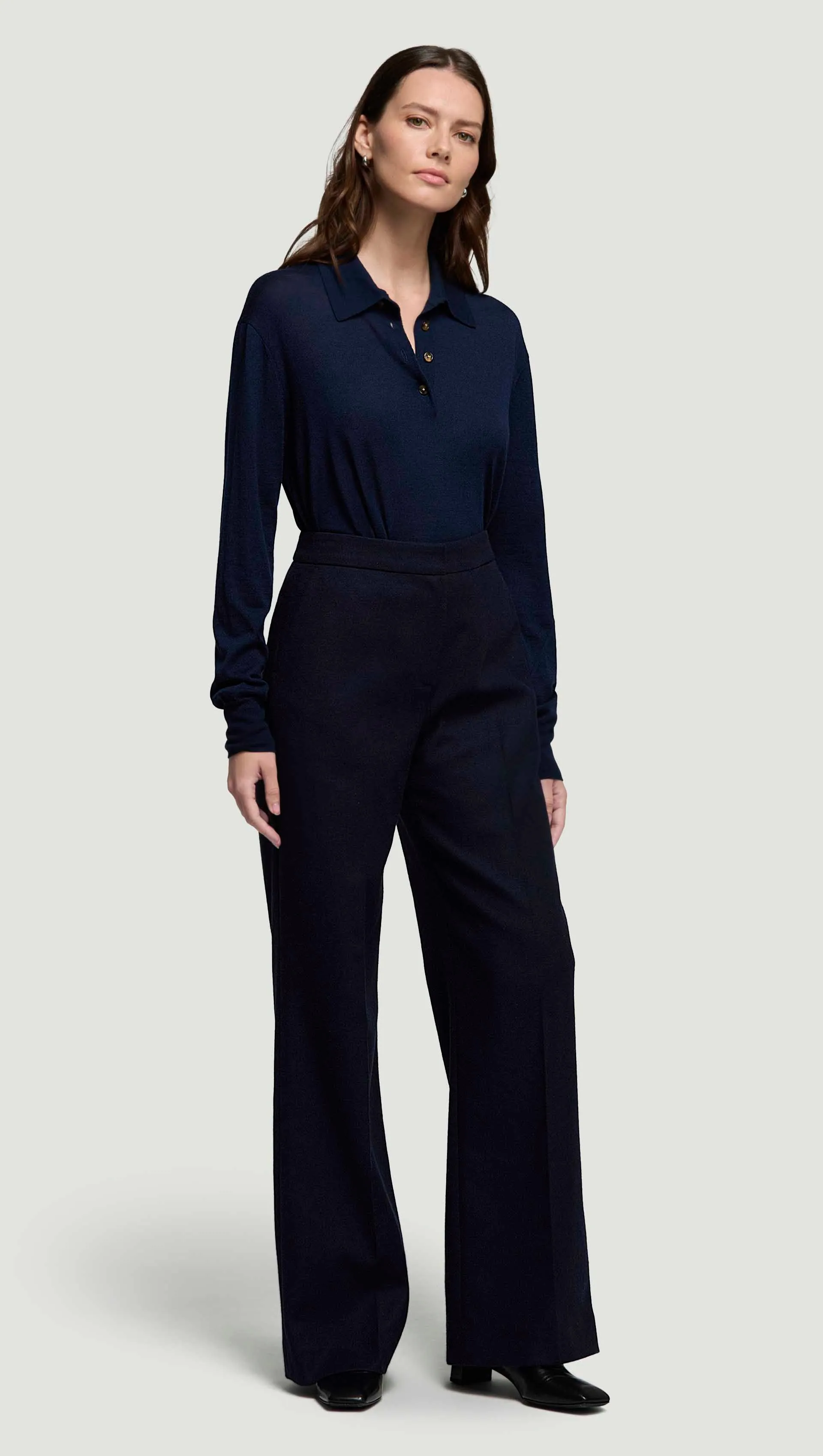 On The Go Wrinkle Resistant Finish Wide Leg Trouser in Double-Faced Wool | Navy