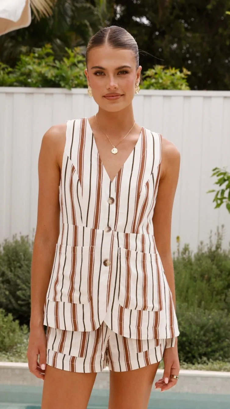 Varian Button Vest - Tan Stripe WrinkleResistantClothing