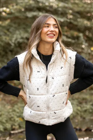 Embellished Trim Dry Fast Stella White Bow Dot Puffer Vest