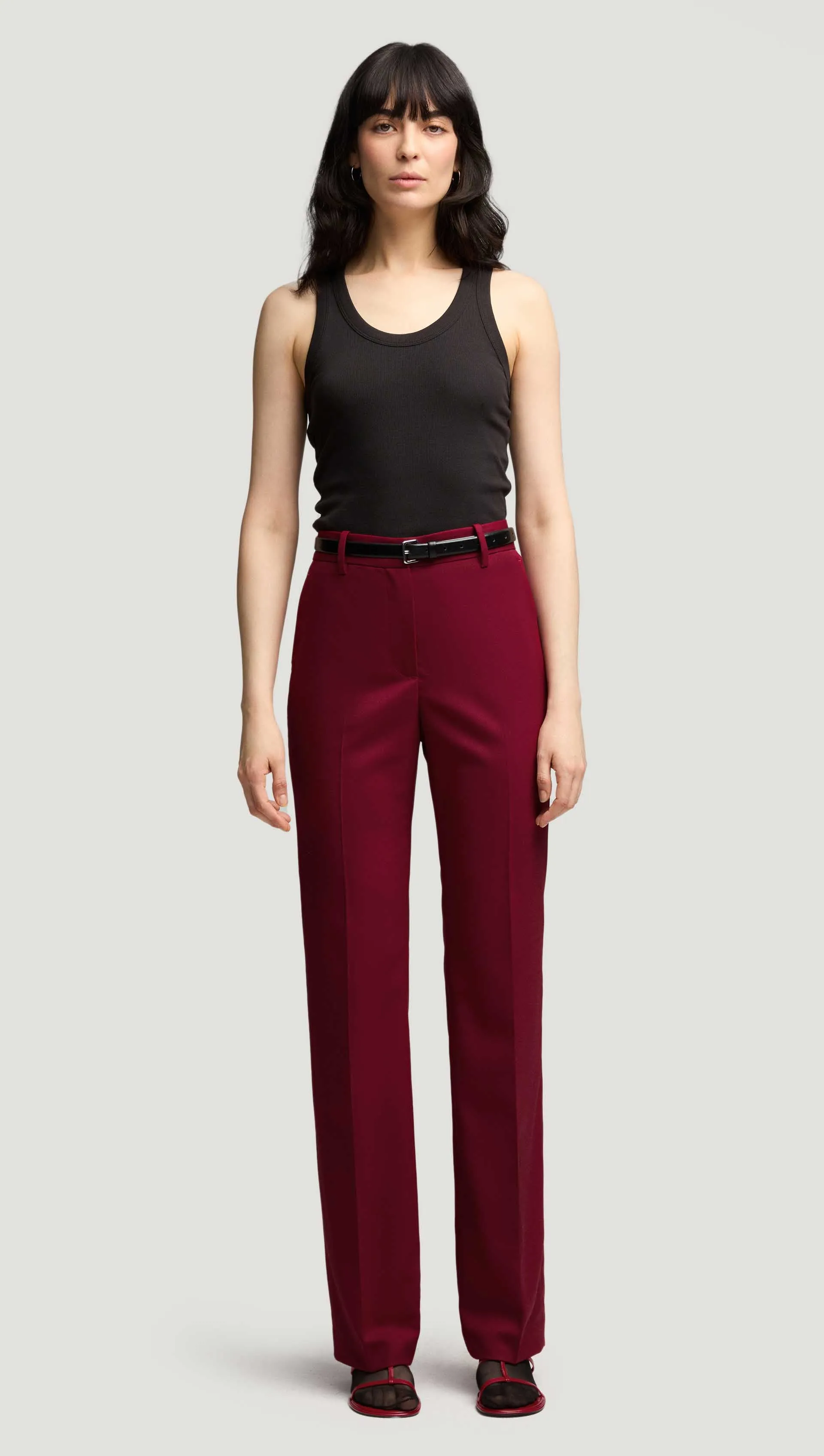 Fashionable Waist Breathable mesh lining Straight Leg Trouser in Seasonless Wool | Burgundy