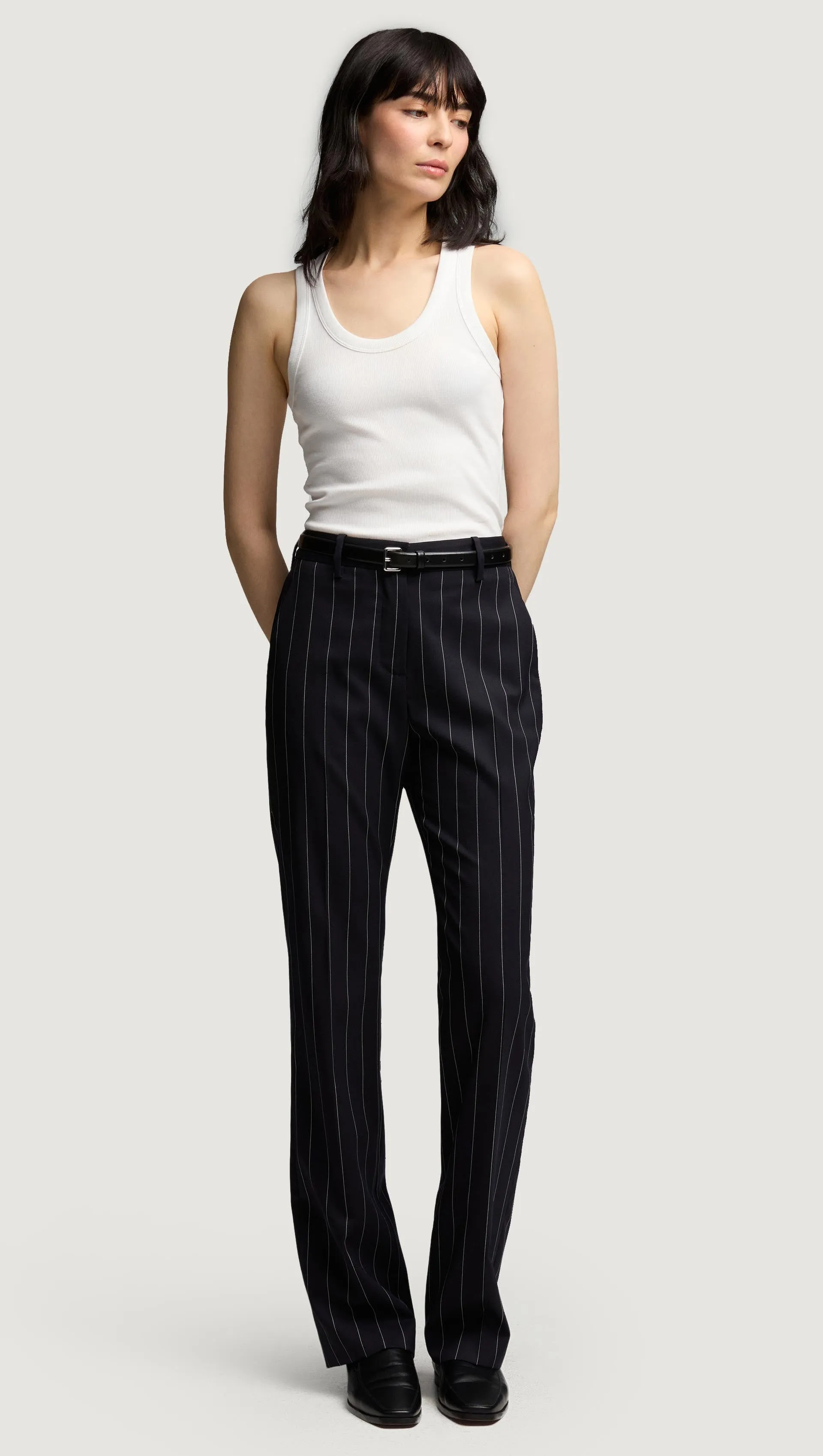 Straight Leg Trouser in Stretch Wool | Navy Pinstripe Slim Waist