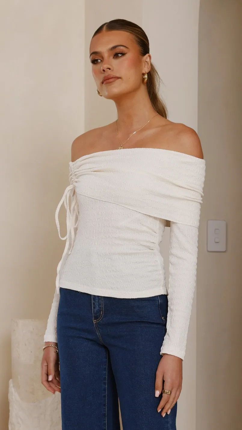 Mya Off The Shoulder Top - Cream SweatWickingLining DoubleStitched Seams