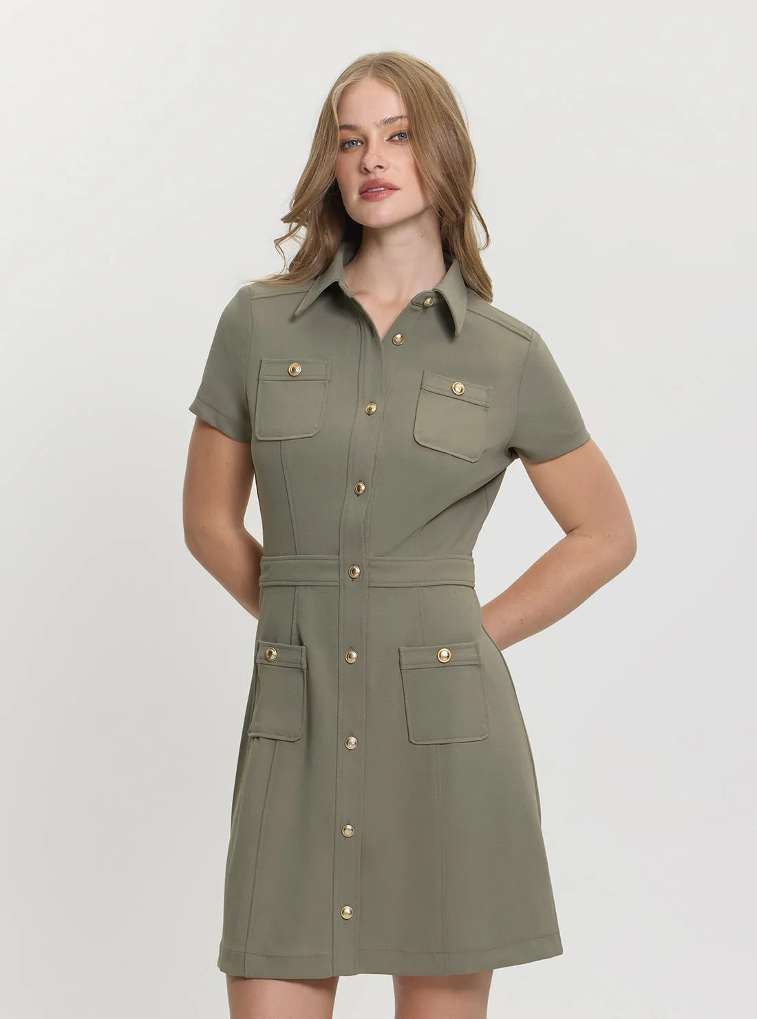 Seasonal Comfort Crisp Silhouette Green Elora Pockets Mini Dress