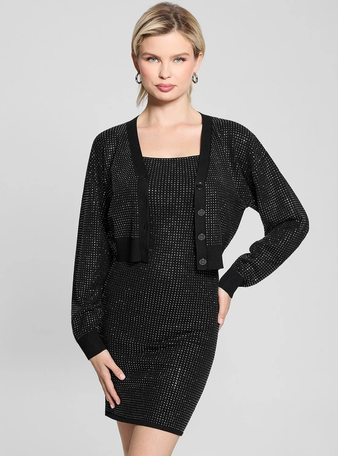 Ruched-Detail Gentle Flow Black Khloe Rhinestones Mini Dress