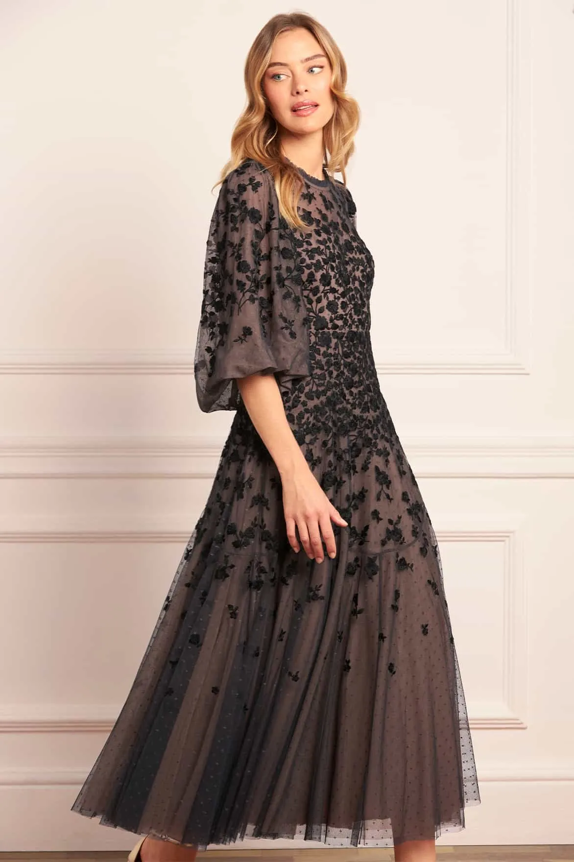 Winter Layering Metallic Finish Sylvia Rose Round Neck Ankle Gown