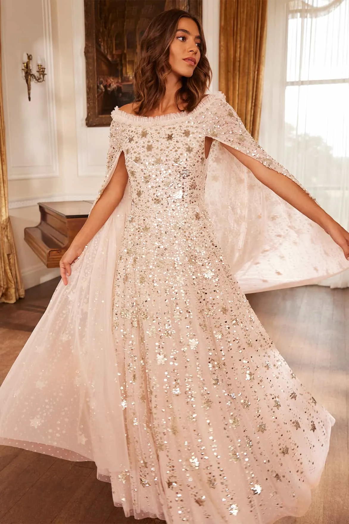 Neutral Feel Shooting Stars Cape Ankle Gown