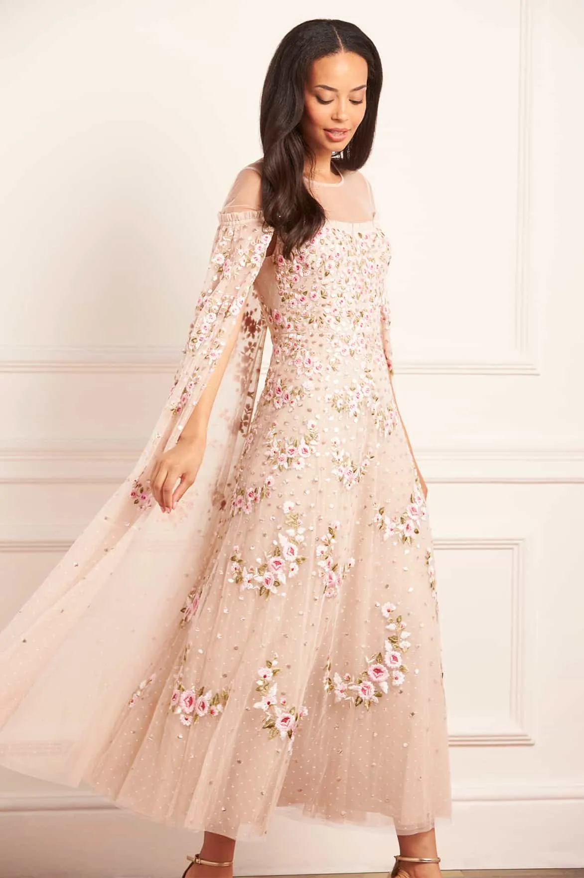 Work Vibes Crescent Roses Cape Ankle Gown