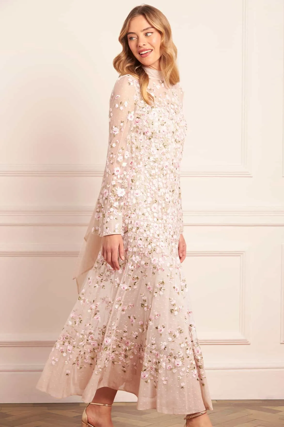 Fresh Combo Gemstone-Detail Sylvia Rose Long Sleeve Ankle Gown