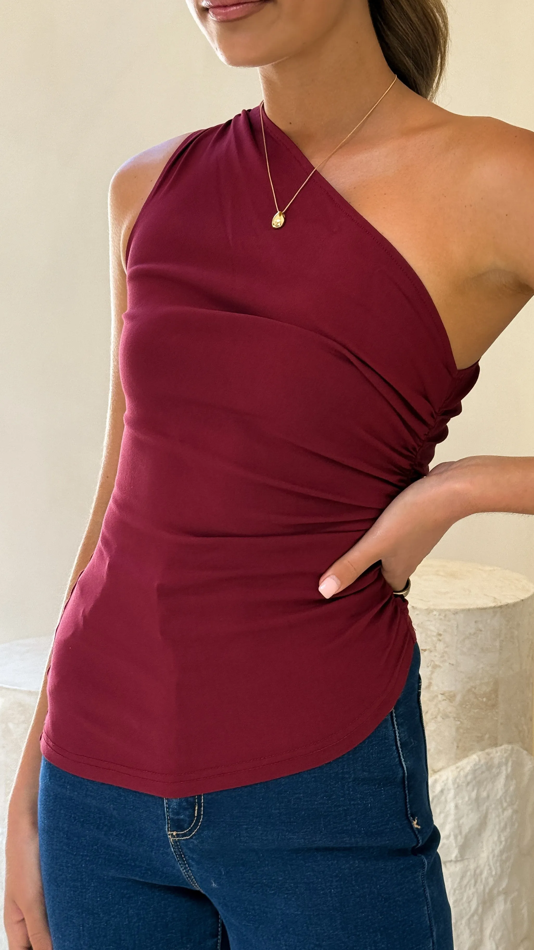 Cynthia One Shoulder Top - Wine ReinforcedStitching Practical Style