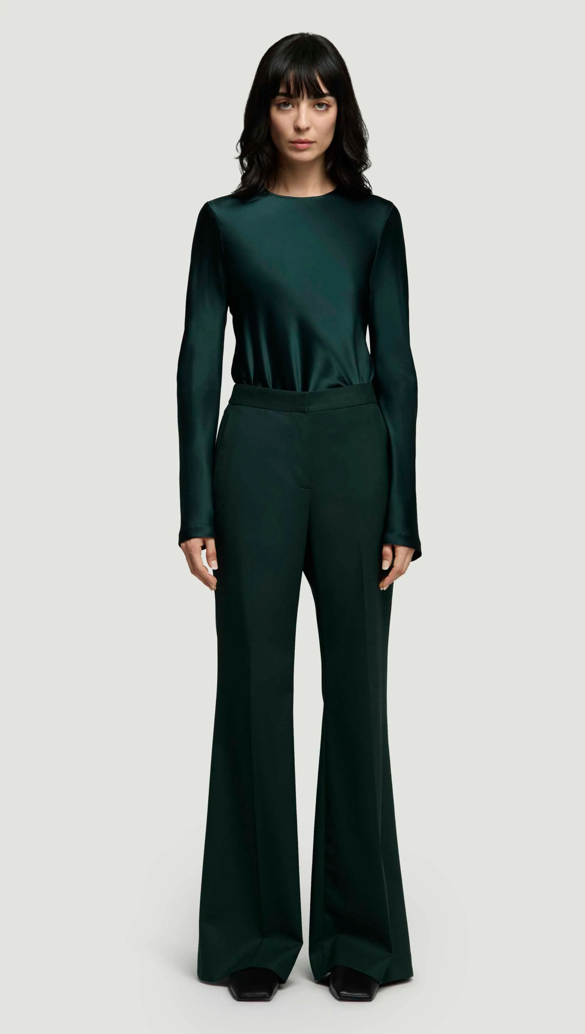 Tailored Flare Trouser in Seasonless Wool | Deep Forest Flexibility Built-In Comfy Waistband