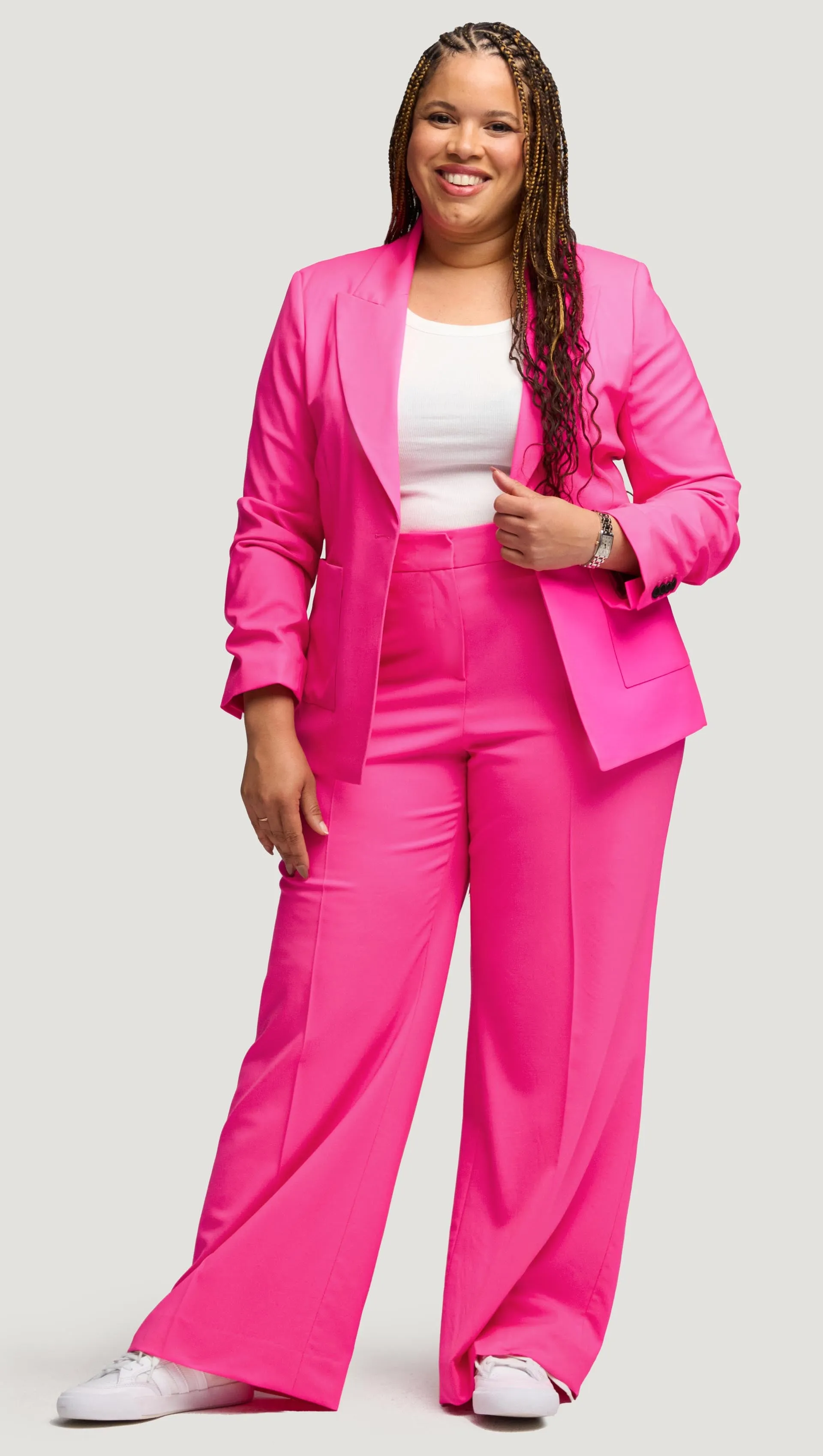 #VotingSuitsYou Wide Leg Trouser in Seasonless Wool | Bright Pink Sweat Resistant Slim Comfort
