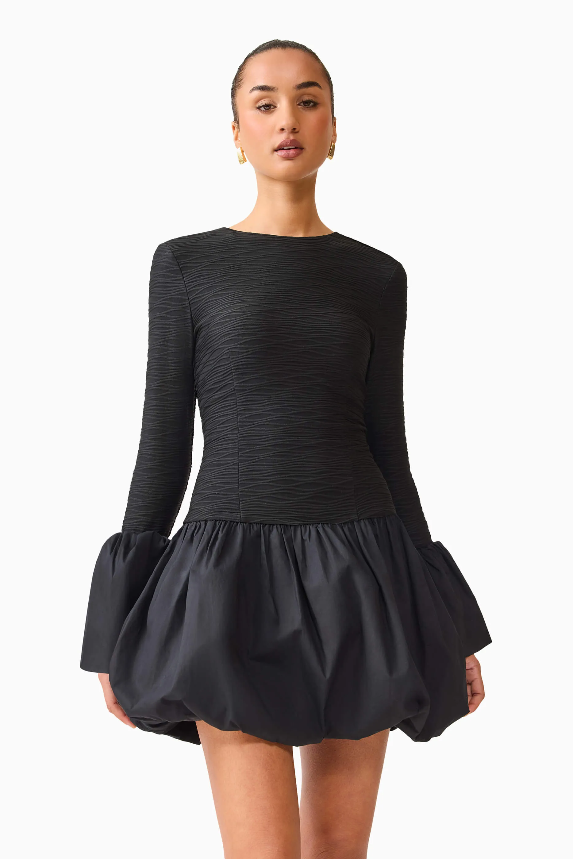 Pure Shape Crystal-Detail Theodora Long Sleeve Mini Dress in Black