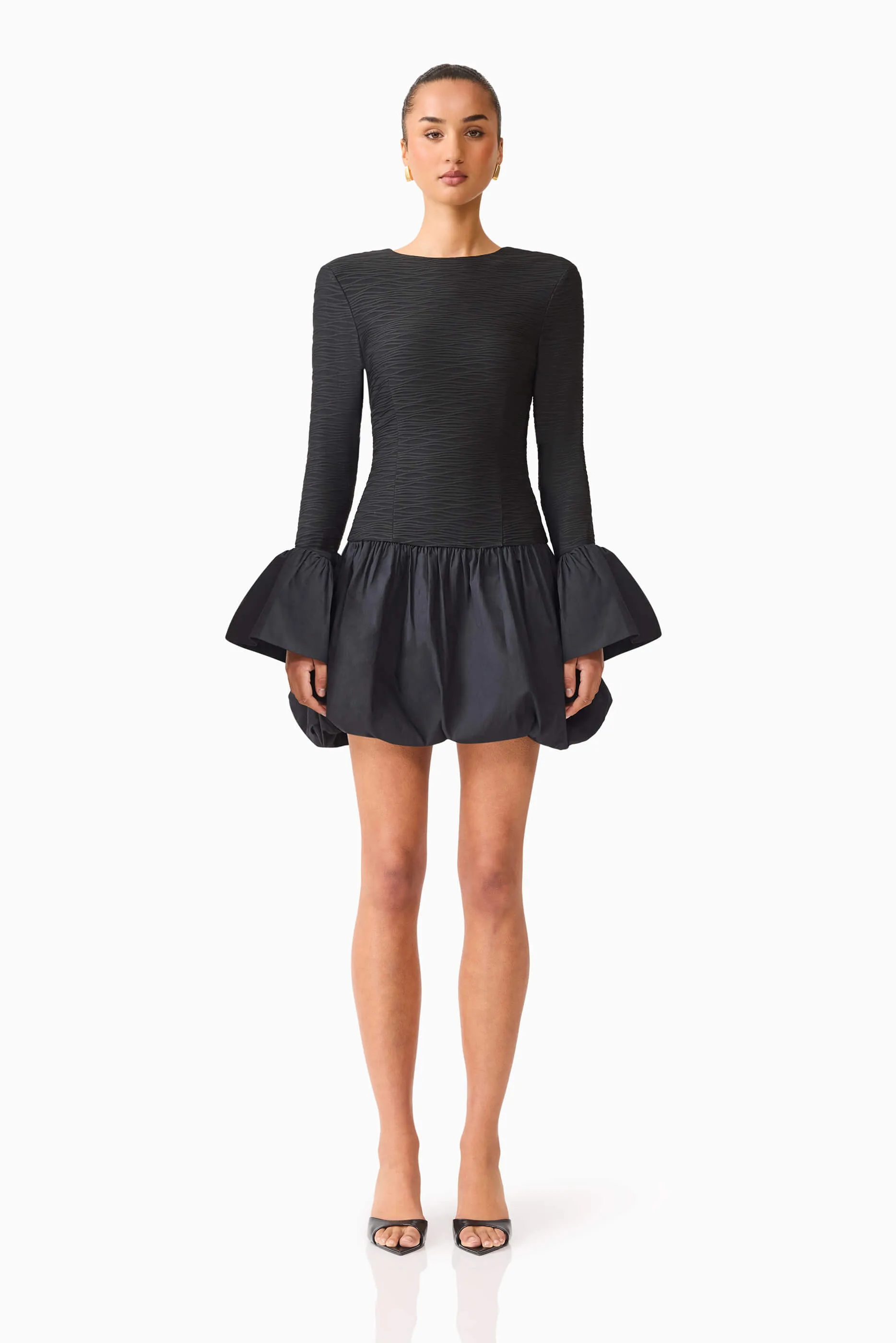 Theodora Long Sleeve Mini Dress in Black Stylish day dress Fresh Outfit