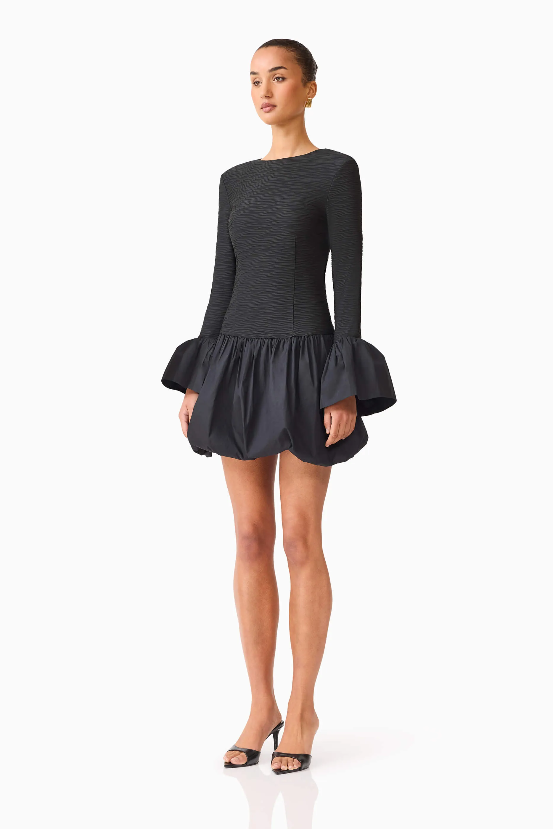Theodora Long Sleeve Mini Dress in Black Subtle Comfort Layering Fit