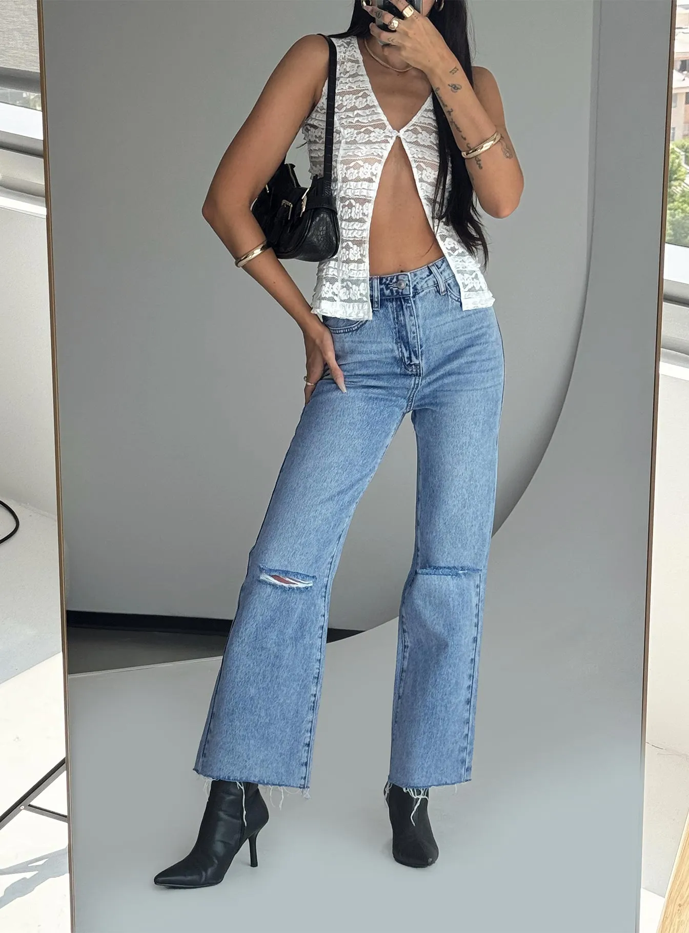 Spring Mood Party Look Classic Thorne High Rise Straight Leg Jeans Denim