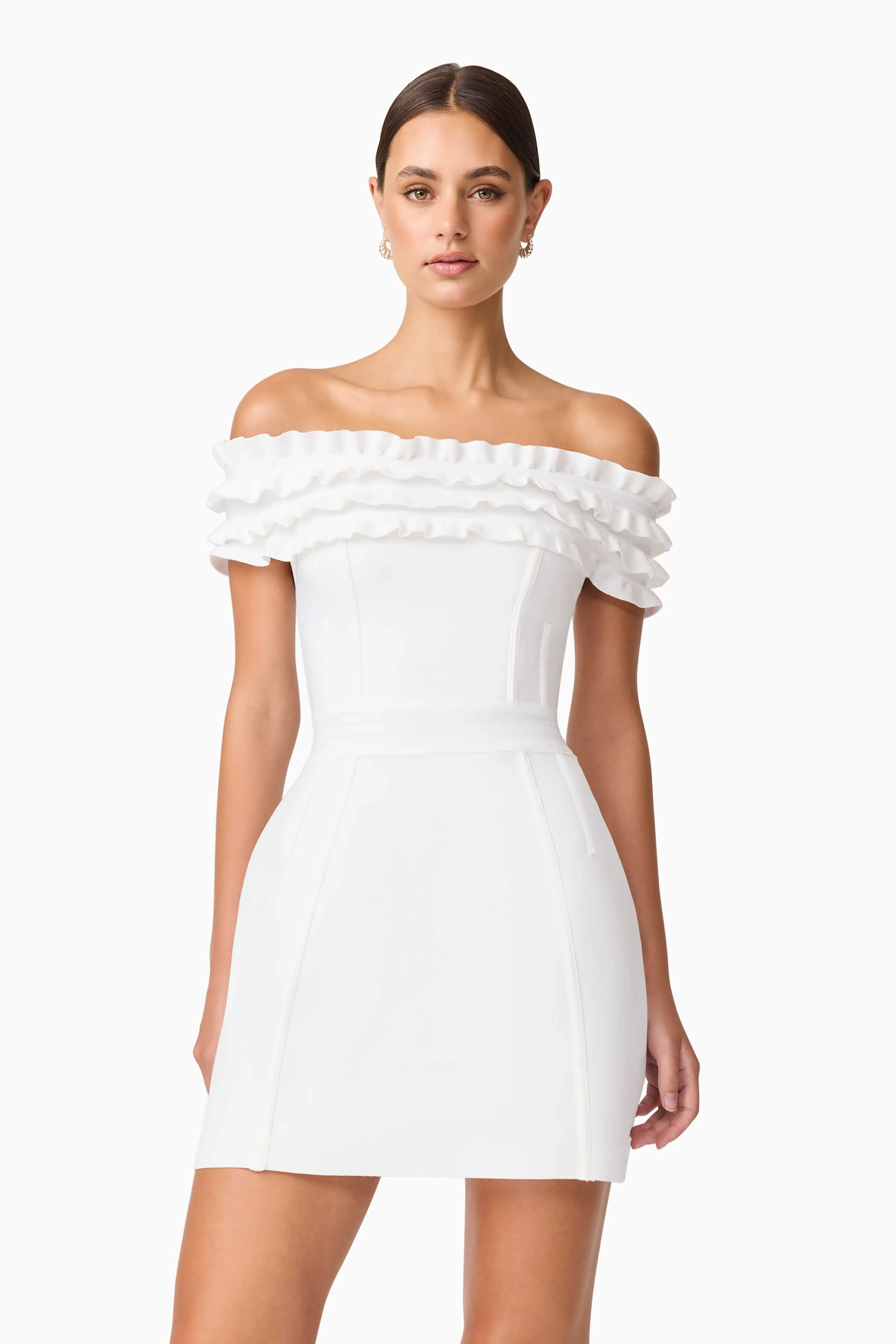 Sonya Off The Shoulder Mini Dress in White Perfectly Styled Versatile Layer Wear