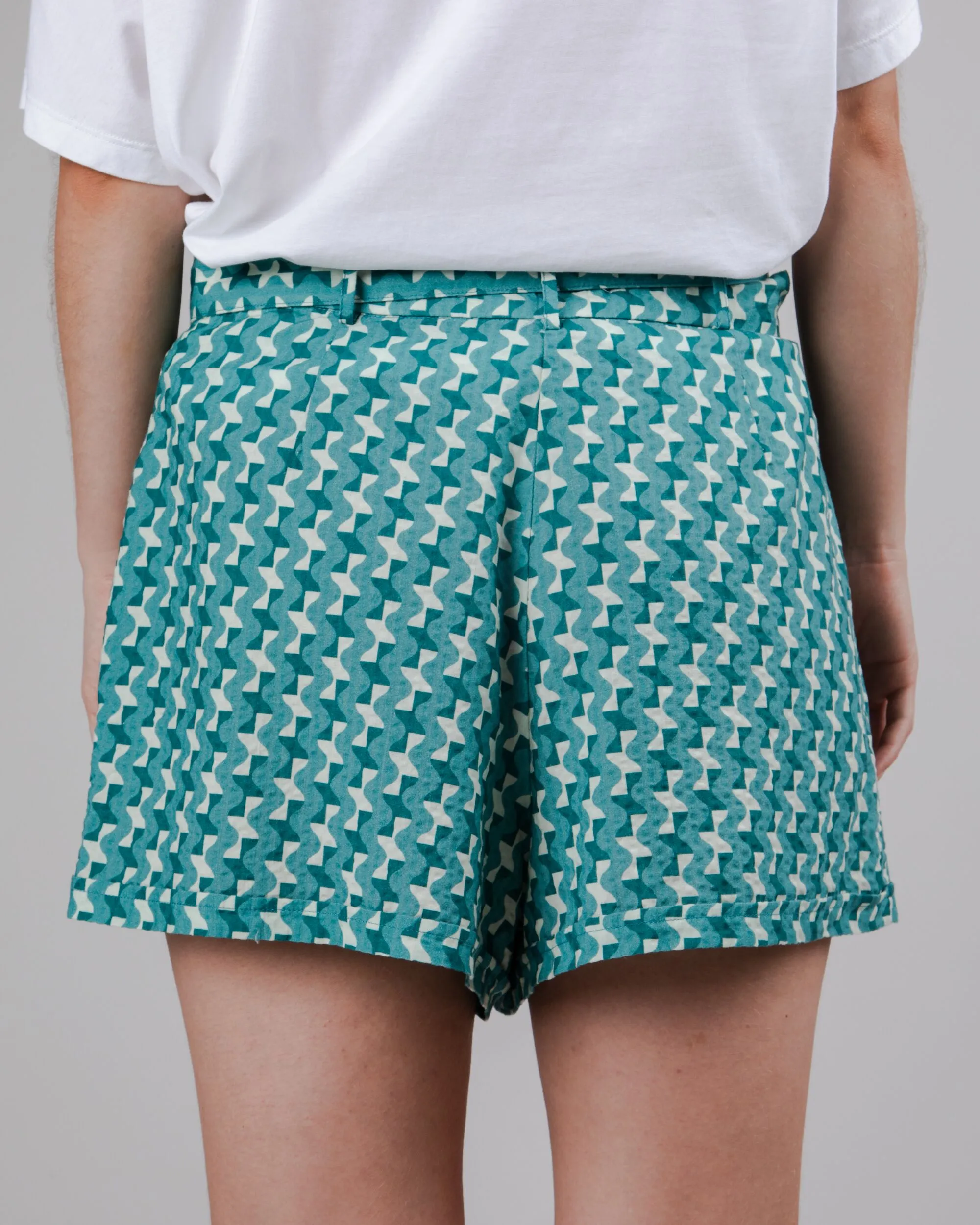 skateboarding outfit Back pockets Tiles Belted Cotton Shorts Ocean