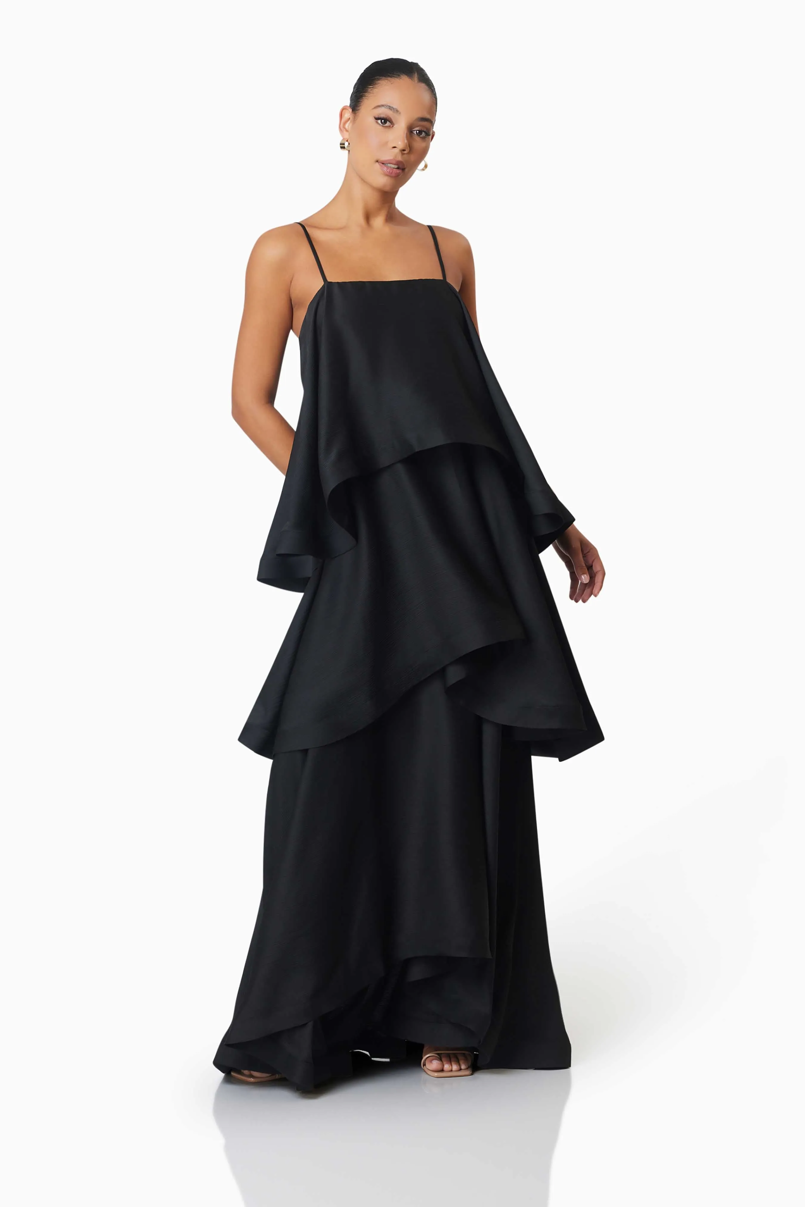Tilly Tiered Maxi Dress in Black Rhinestone-Detail