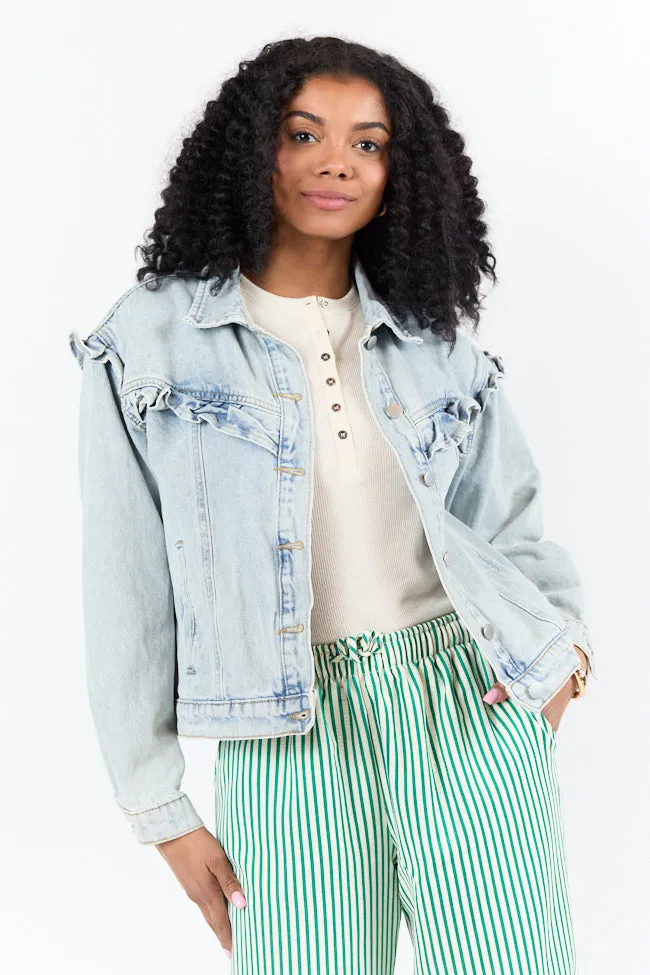 Told You So Light Wash Ruffle Trim Denim Jacket SALE Ergonomic Cut Tear Resistant Fabric Blends
