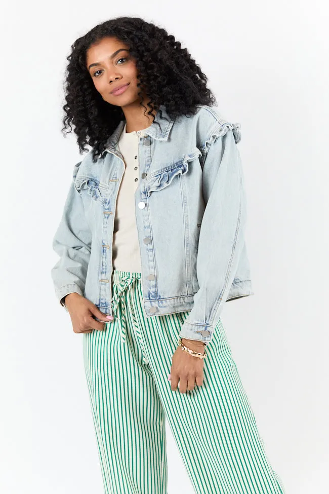 Told You So Light Wash Ruffle Trim Denim Jacket SALE No Wrinkle Clean Silhouette