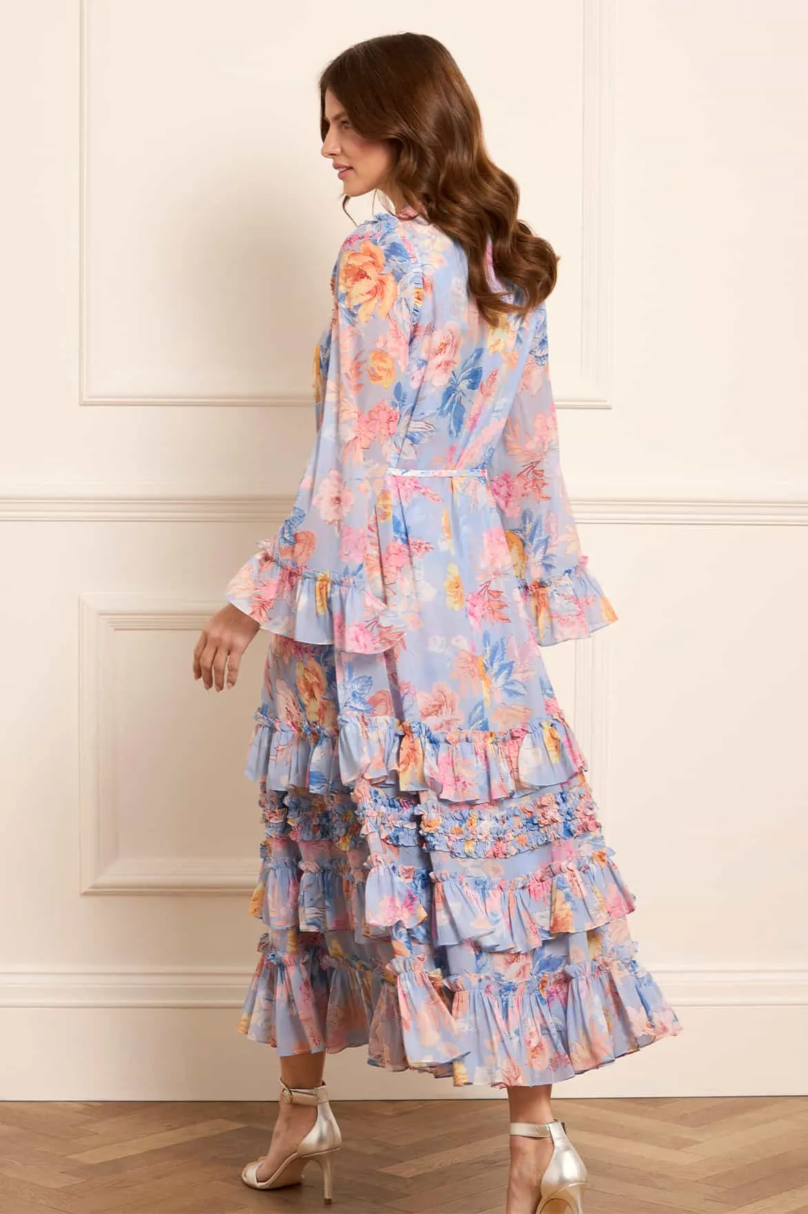 Silky Surface Versatile Design Mariannes Floral Chiffon Round Neck Ankle Gown
