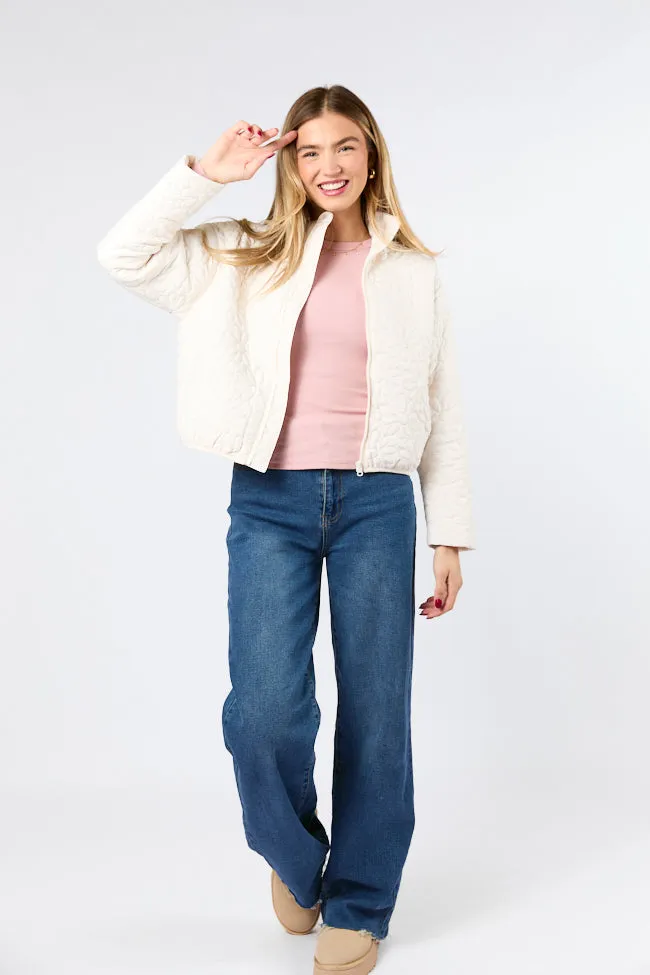 Changeable Style Luxury Appeal Full Bloom Cream Flower Quilted Zip Up Jacket FINAL SALE
