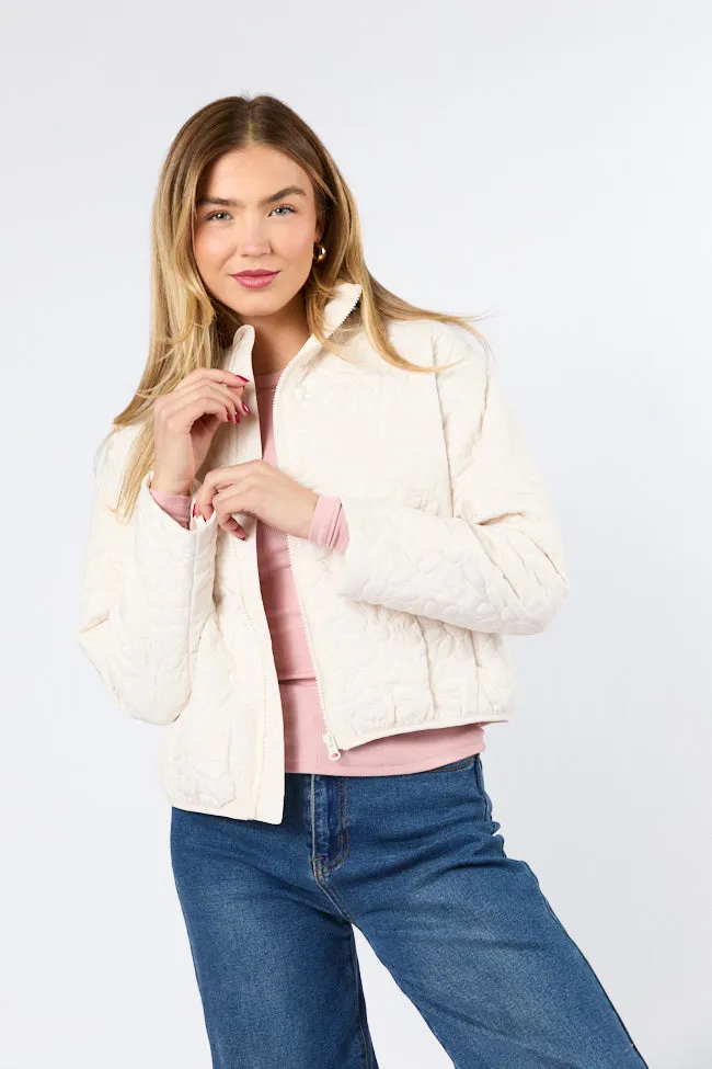 Full Bloom Cream Flower Quilted Zip Up Jacket FINAL SALE RipResistant Reinforcement Street Comfort Fit