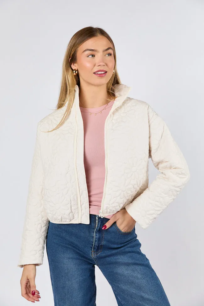 Zippered Vents Compact Design Full Bloom Cream Flower Quilted Zip Up Jacket FINAL SALE
