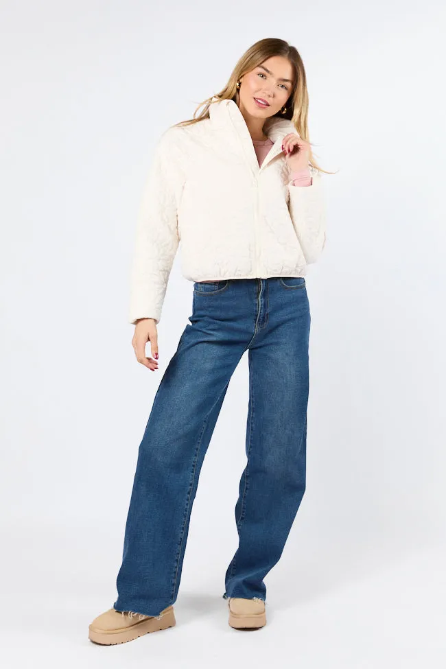 Travel Ready Look Smooth Glide Fasteners Full Bloom Cream Flower Quilted Zip Up Jacket FINAL SALE