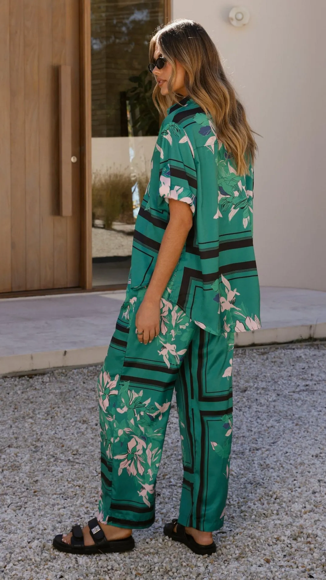 Vallerie Button Up Shirt - Green/Pink Print StretchFit Organza Fit