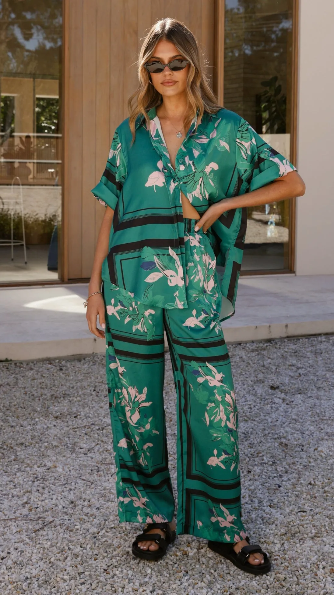 Summer Glow Vallerie Button Up Shirt - Green/Pink Print