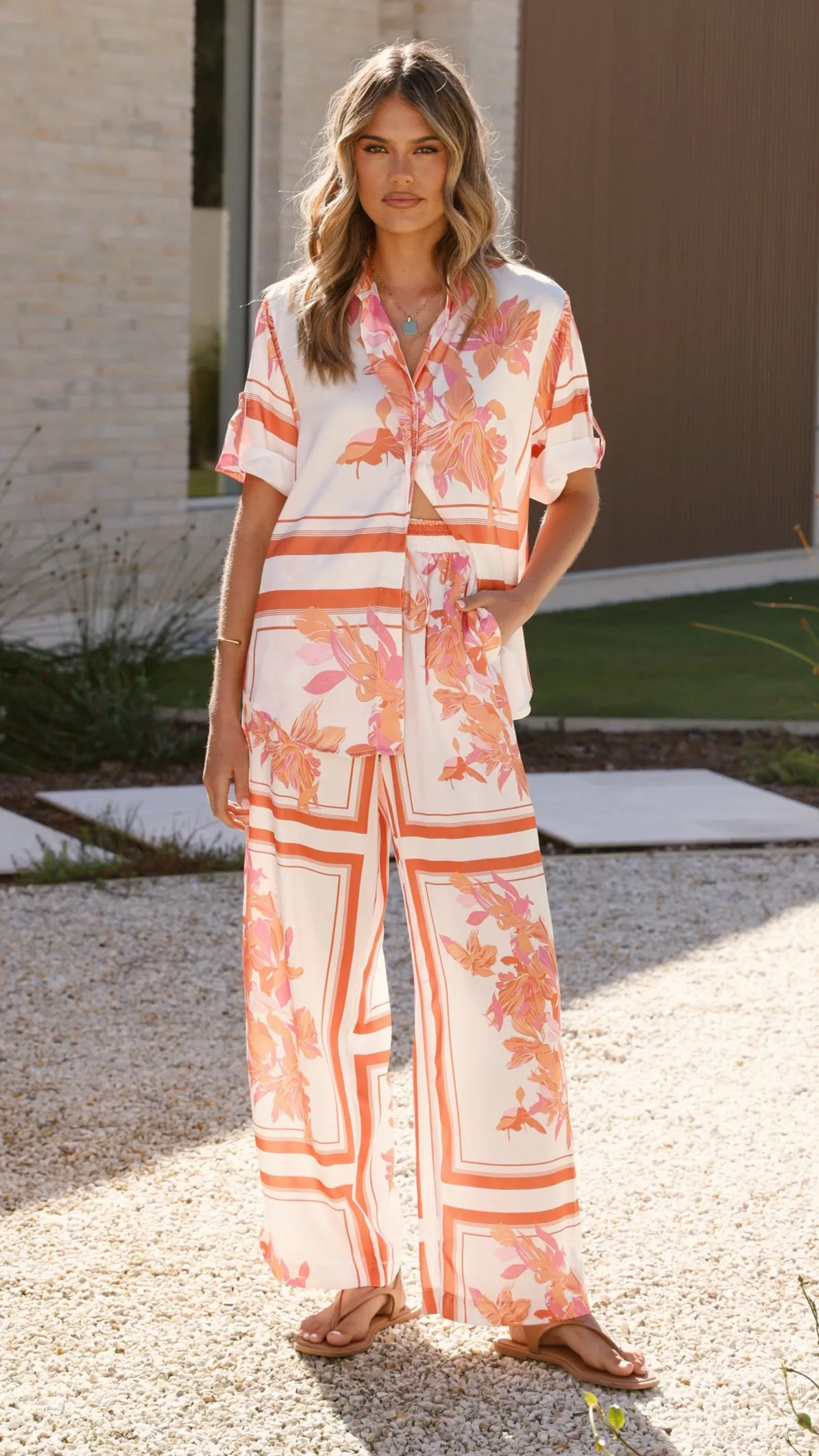 HighNeckStyle Vallerie Button Up Shirt - Orange/White Print