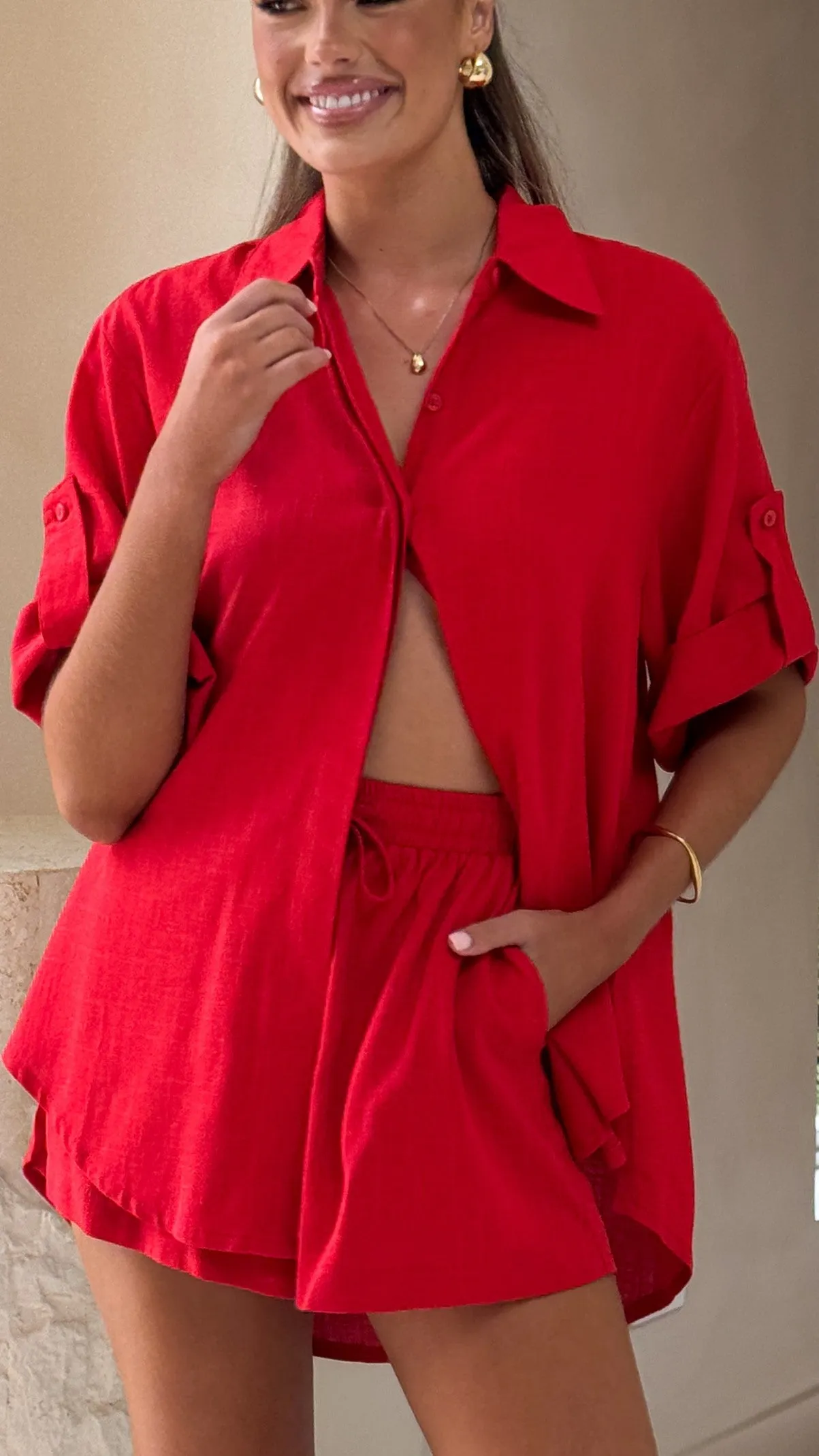 Vallerie Button Up Shirt - Red casual top