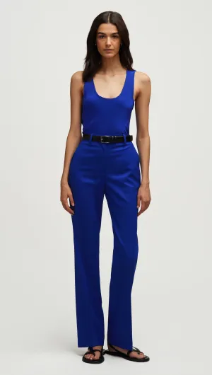 Straight Leg Trouser in Seasonless Wool | Lapis Flexible Waist Minimal Waistband
