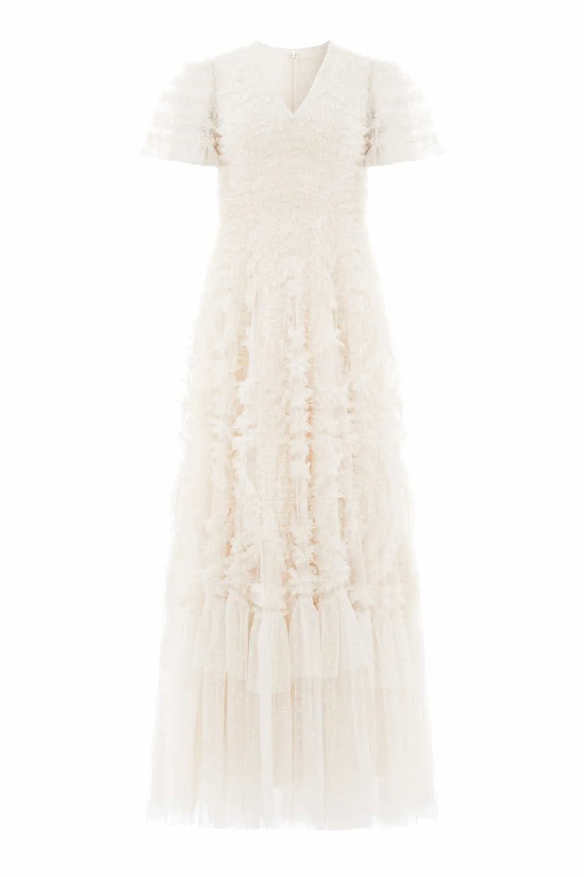 Puff-Sleeve Sleek Waist Verity Ruffle V-Neck Gown