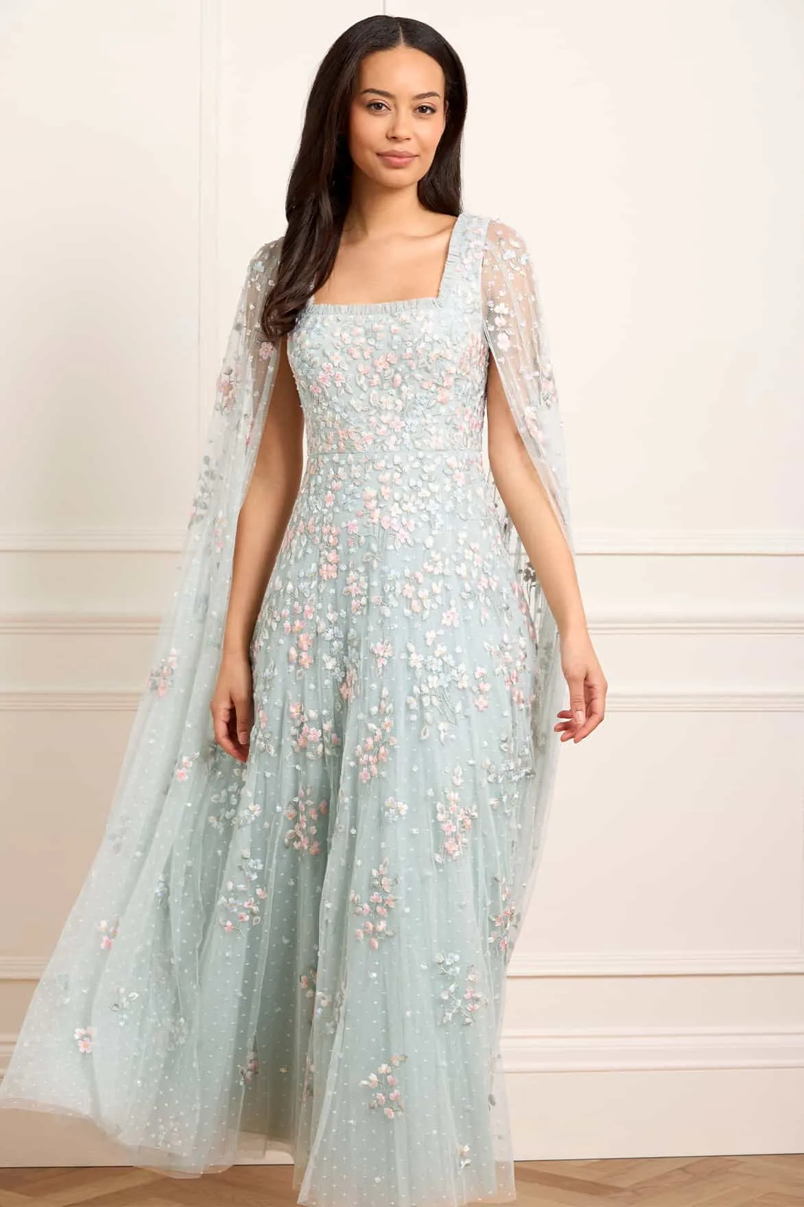 Versailles Ditsy Cape Sleeve Ankle Gown foldable Sleek Draping