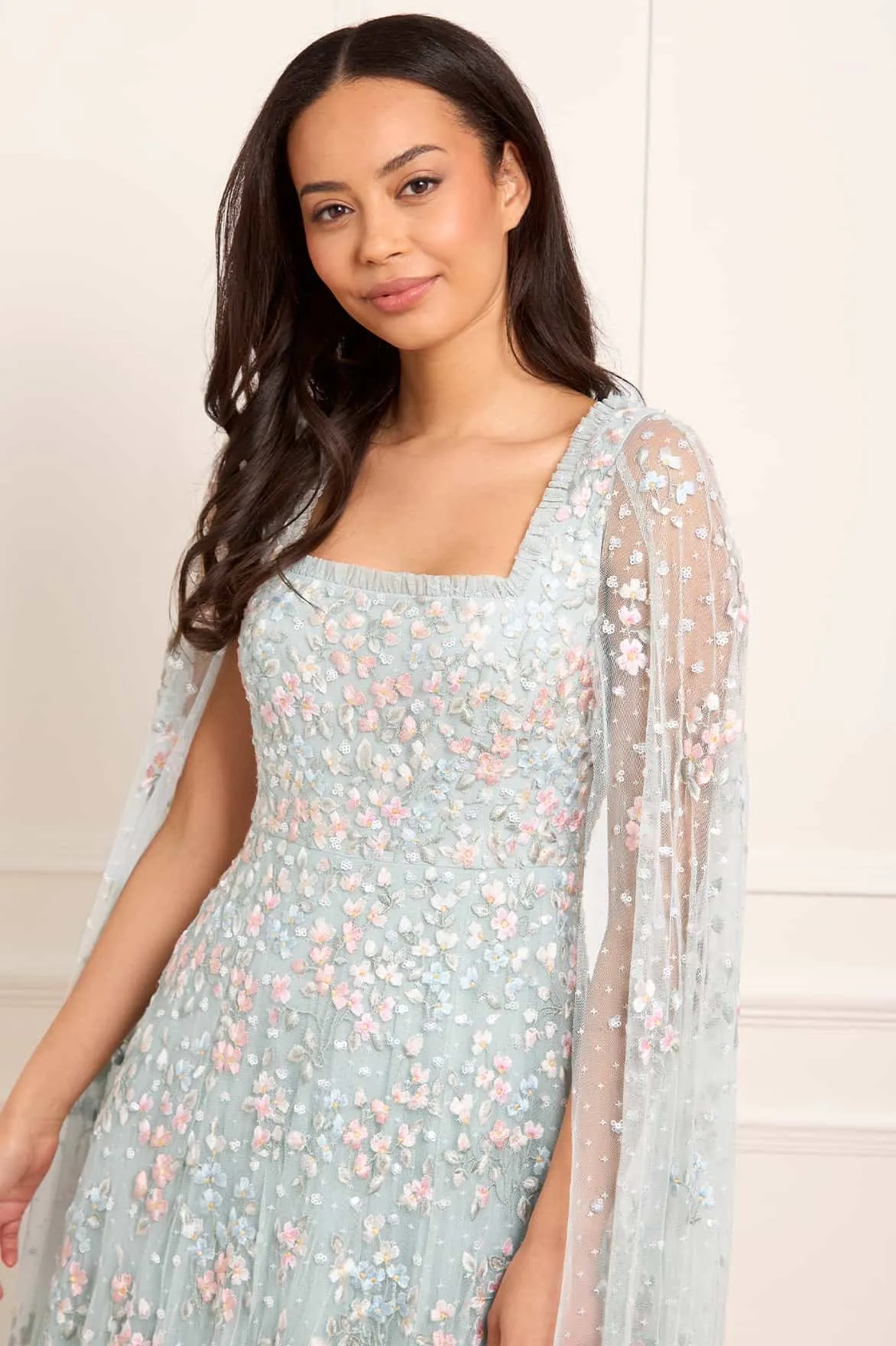 Calm Finish Soft and Stylish Versailles Ditsy Cape Sleeve Ankle Gown