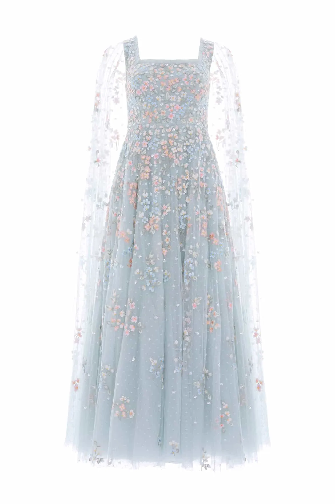 Layered-Look Versailles Ditsy Cape Sleeve Ankle Gown