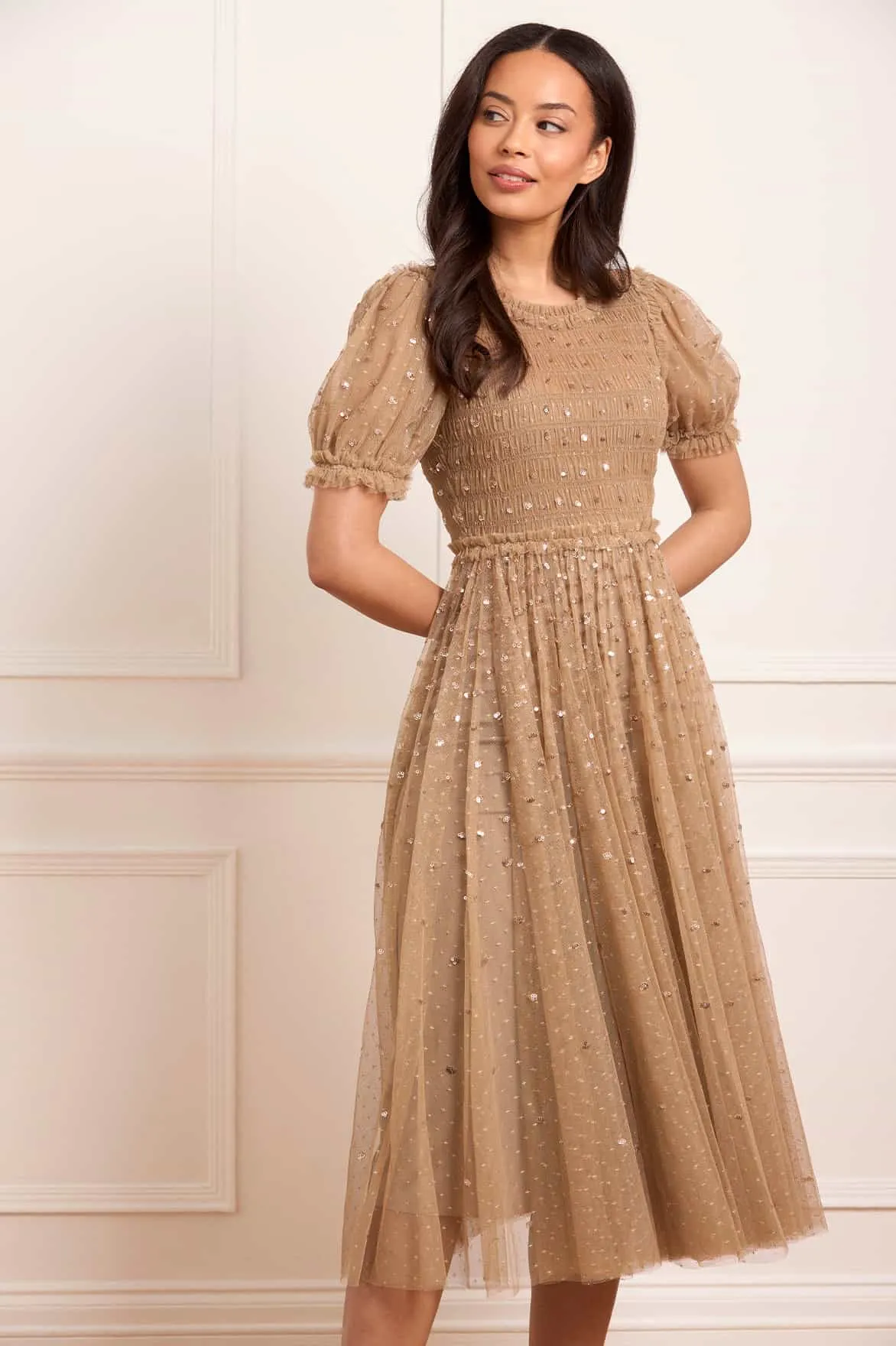 Sequin Giselle Smocked Ballerina Dress Everyday Comfort Wear Poised Vibe