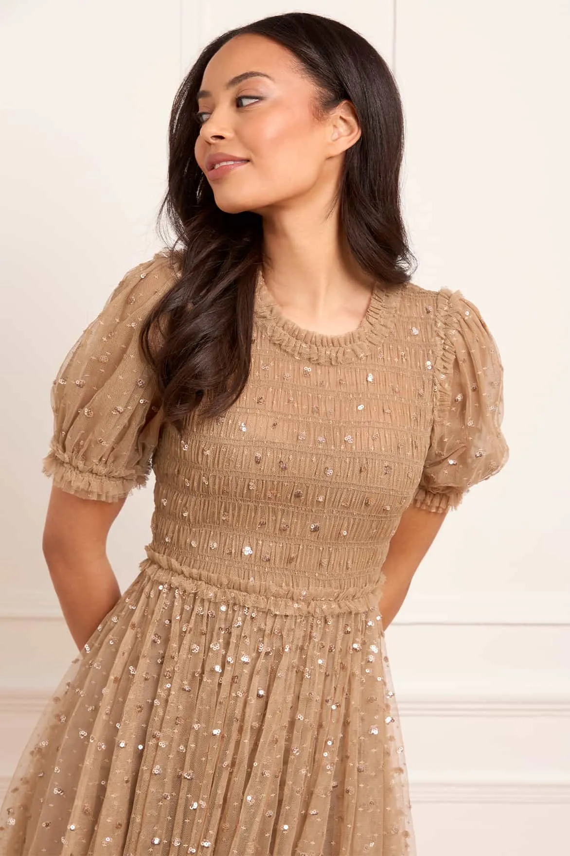 understated look Sequin Giselle Smocked Ballerina Dress
