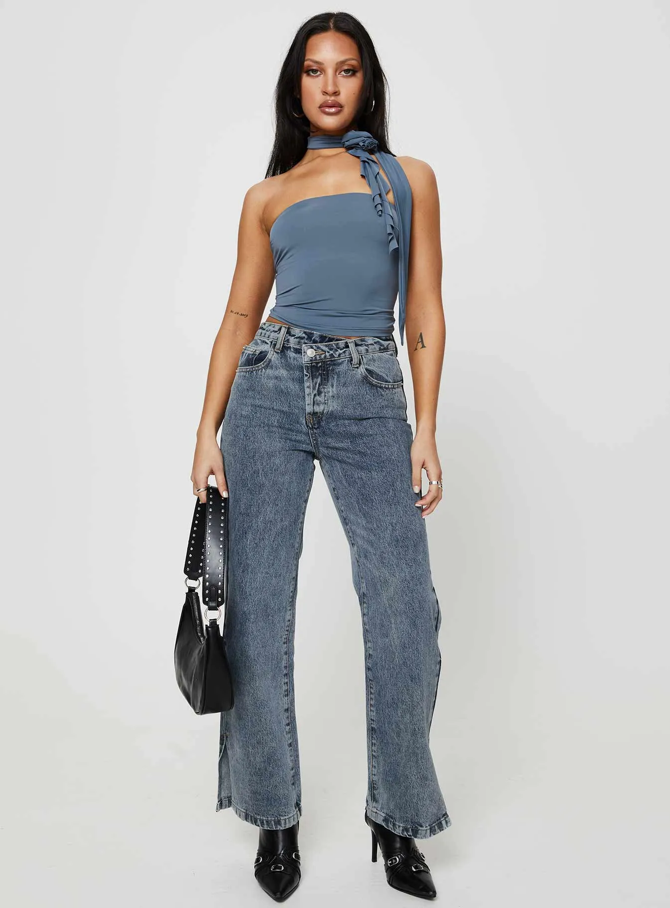 Contemporary Waistband Travel Outfit Professional Wear Brunell Asymmetrical Waistband Jeans Mid Wash