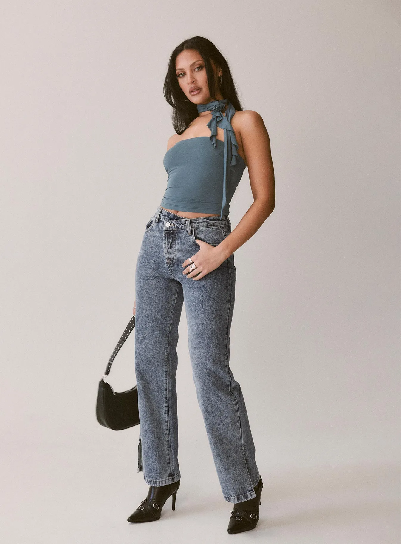 Brunell Asymmetrical Waistband Jeans Mid Wash Laidback Style