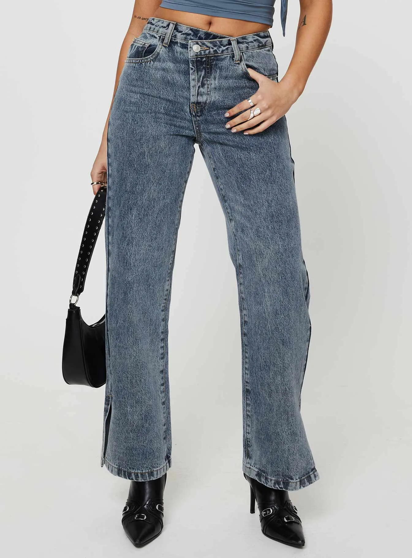 Stylish Cut Brunell Asymmetrical Waistband Jeans Mid Wash