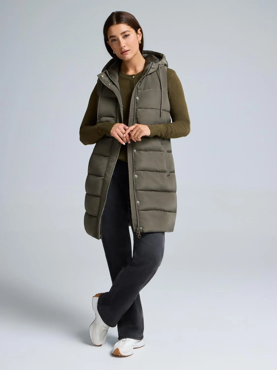 Long Hooded Puffer Vest High Collar Style Cotton Twill