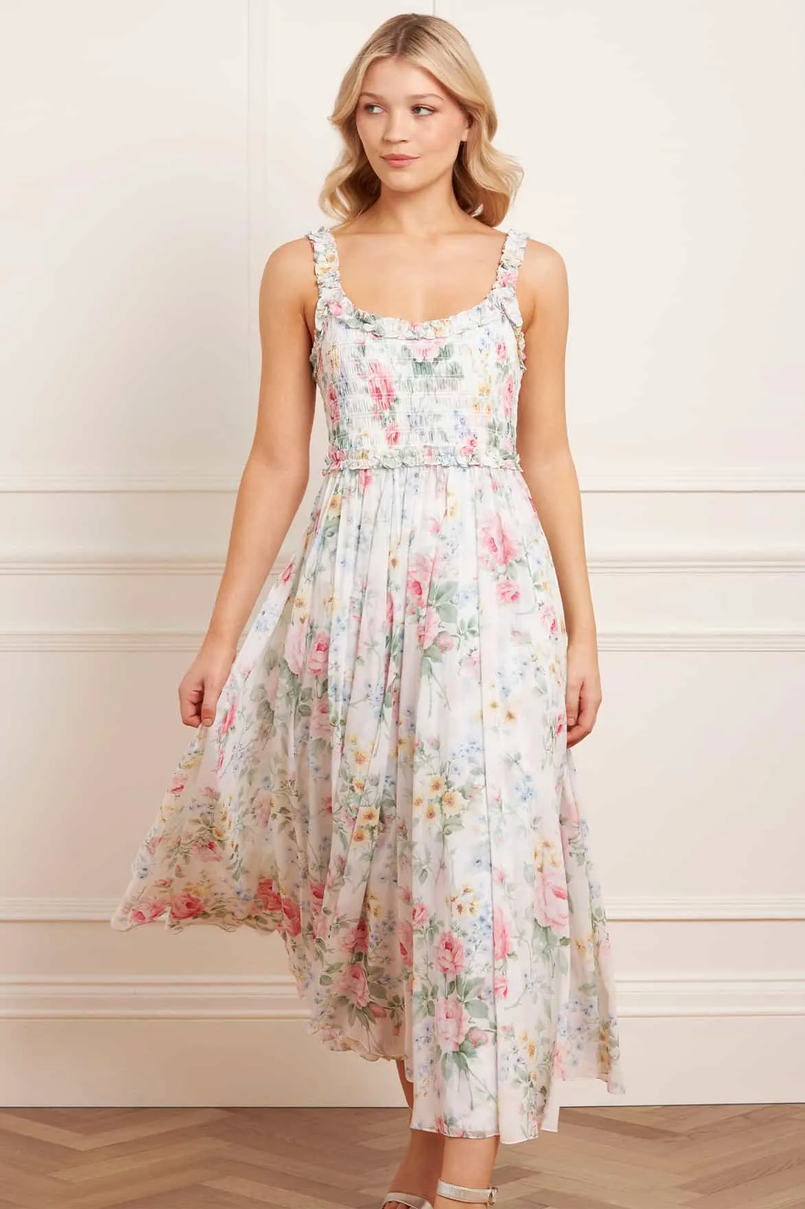 Flowy Cut Urban Favorite Pompadour Garden Chiffon Smocked Cami Ankle Gown