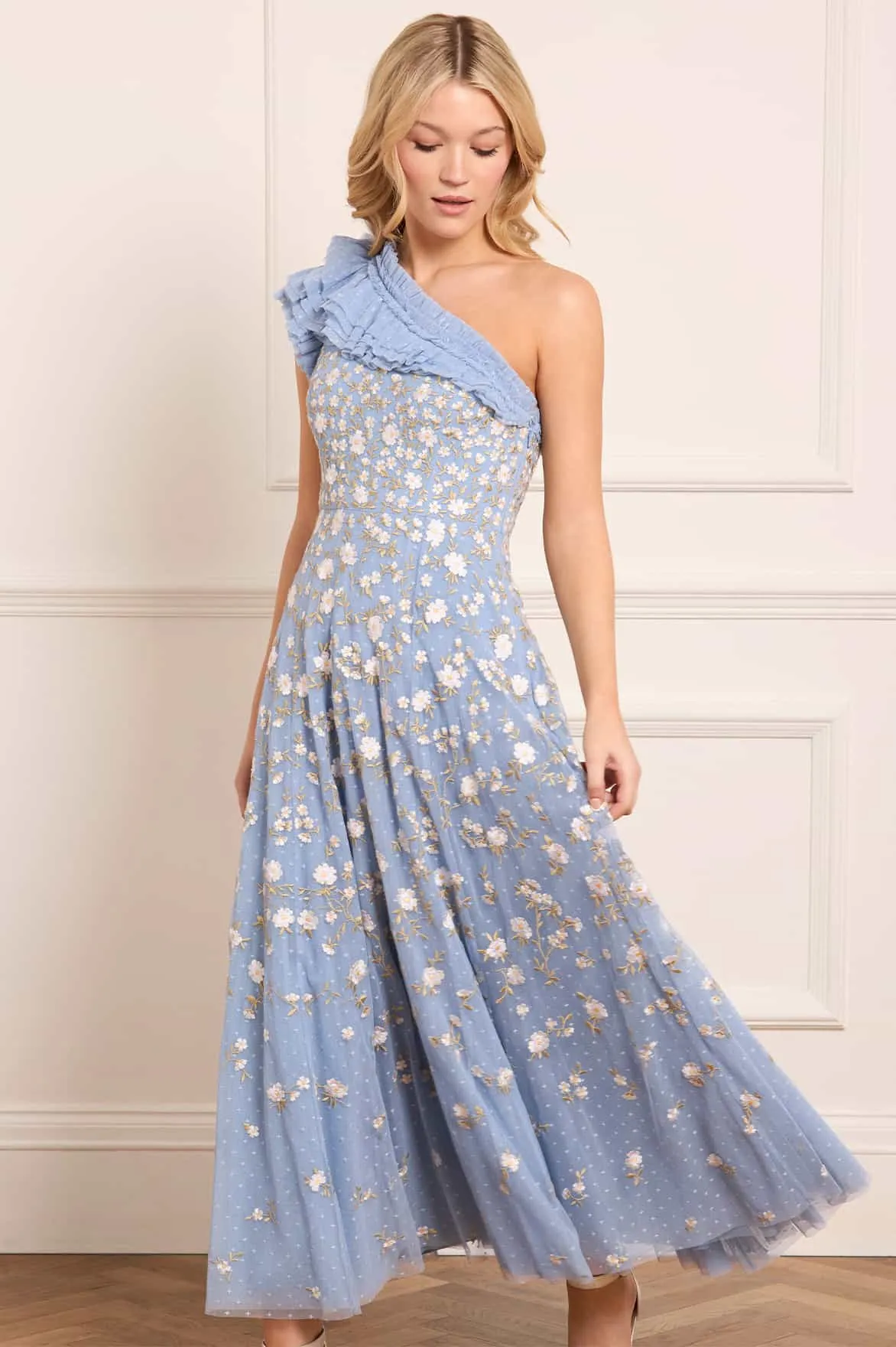 All-Season Comfort Lea Ditsy One-Shoulder Ankle Gown