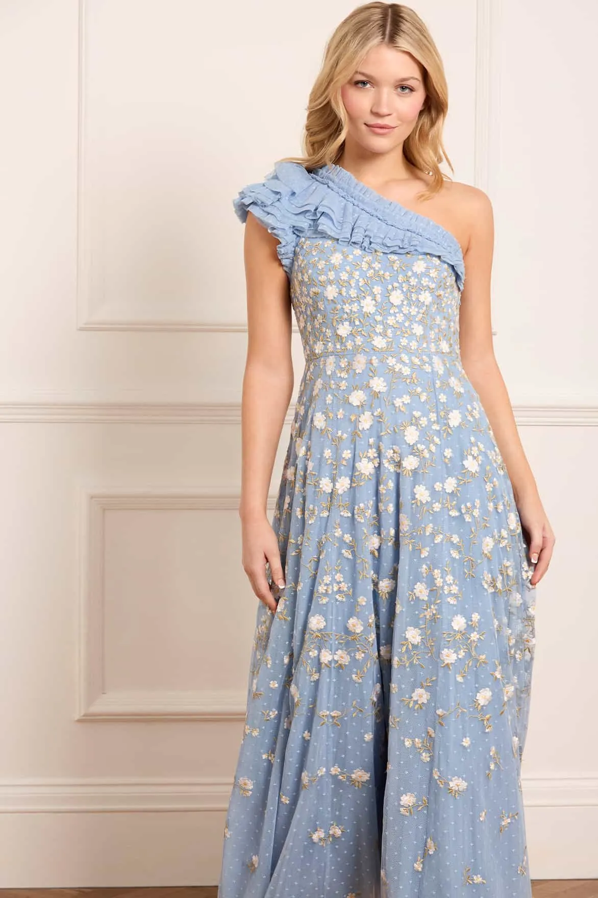 Tulle Air Lea Ditsy One-Shoulder Ankle Gown